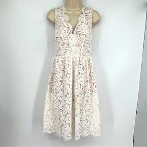 LULUS Love Swept White Lace Midi Scalloped Darted A-line Mesh Skater Dress